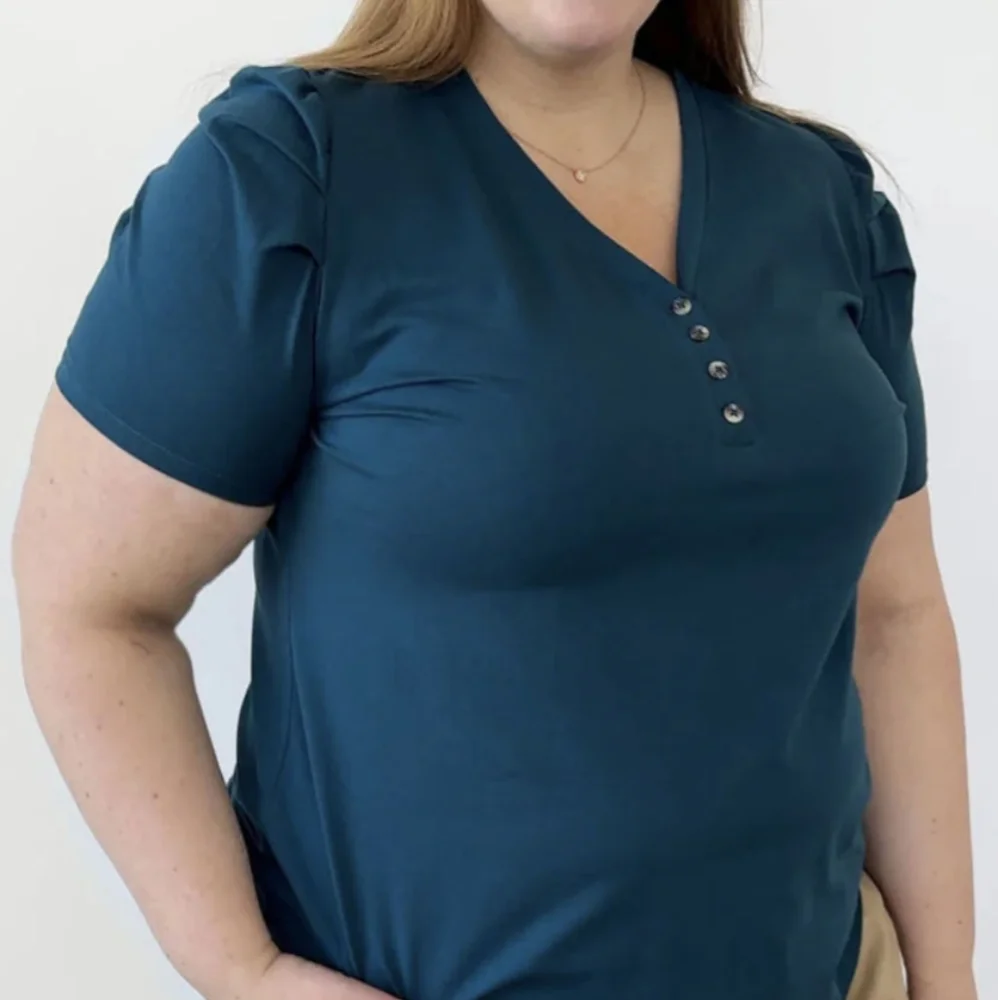 NWT Elegantees Monet puff sleeve henley in tidal teal - Picture 1 of 5